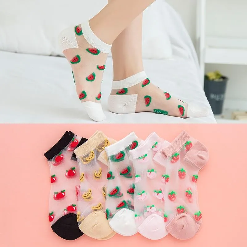 5 Pair Summer Fruit Lace Mesh Transparent Ankle Socks