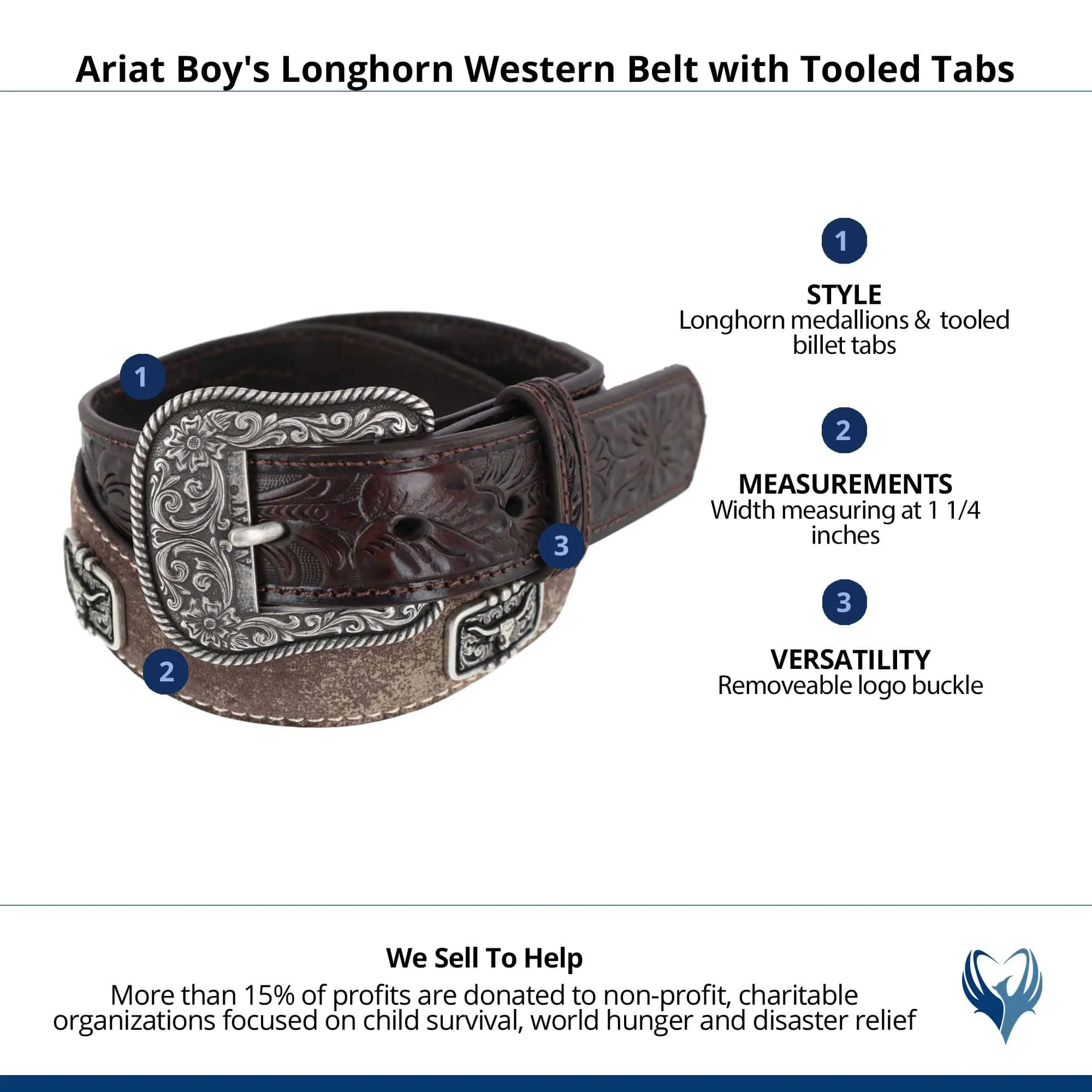 Ariat Boy's Longhorn Western Belt with Tooled Tabs