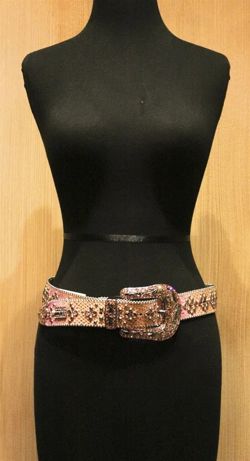 B.B. Simon Swarovski Crystal Embellished Western Belt on PInk and Beige Snakeskin Strap