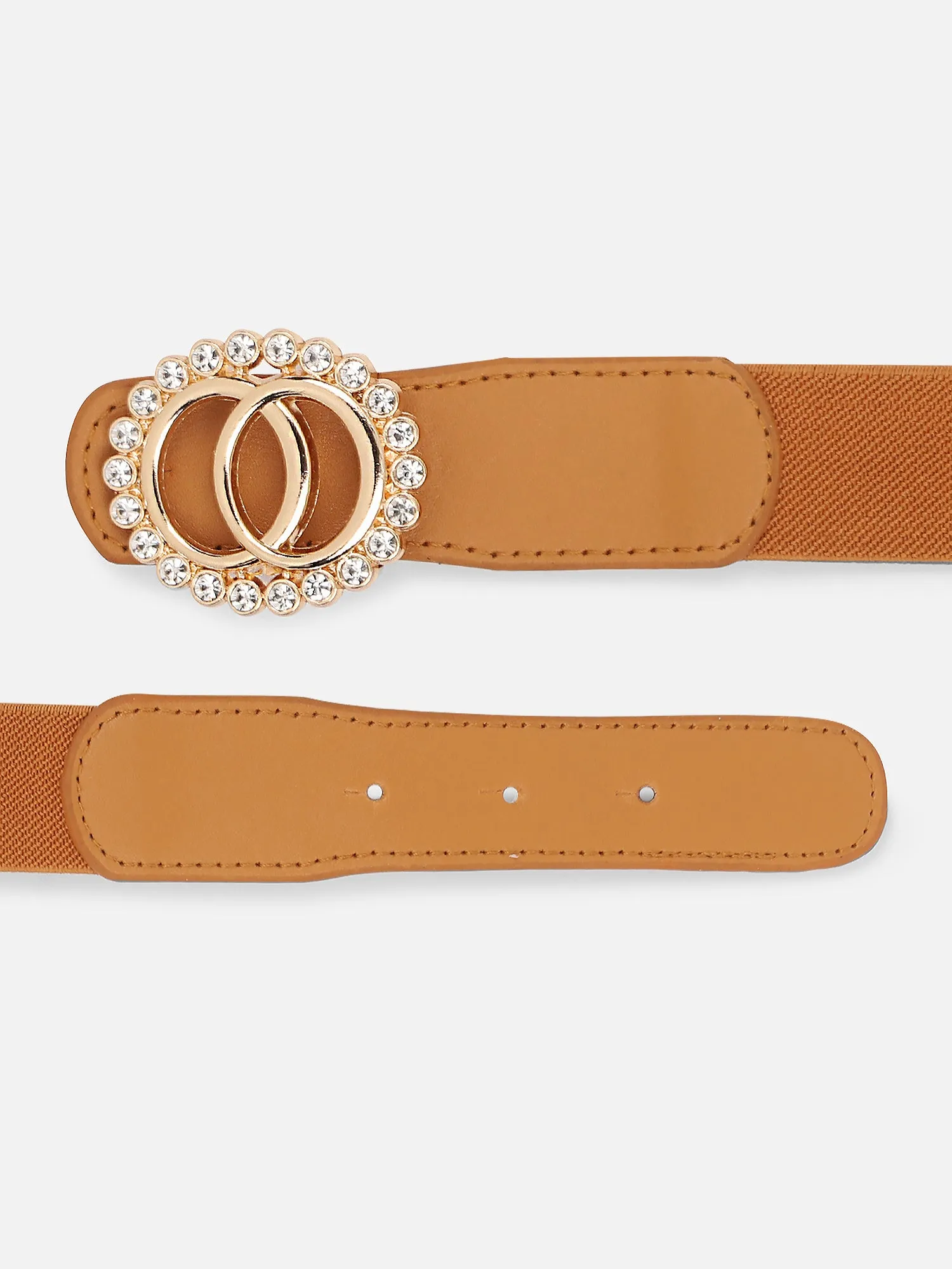 Berrylush Solid Brown Diamond Studded Embellished PU Nylon Push-Pin Regular Slim Belt