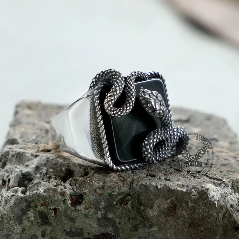 Black Gemstone Snake Stainless Steel Ring