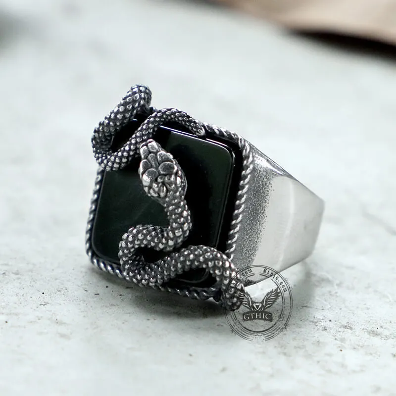 Black Gemstone Snake Stainless Steel Ring