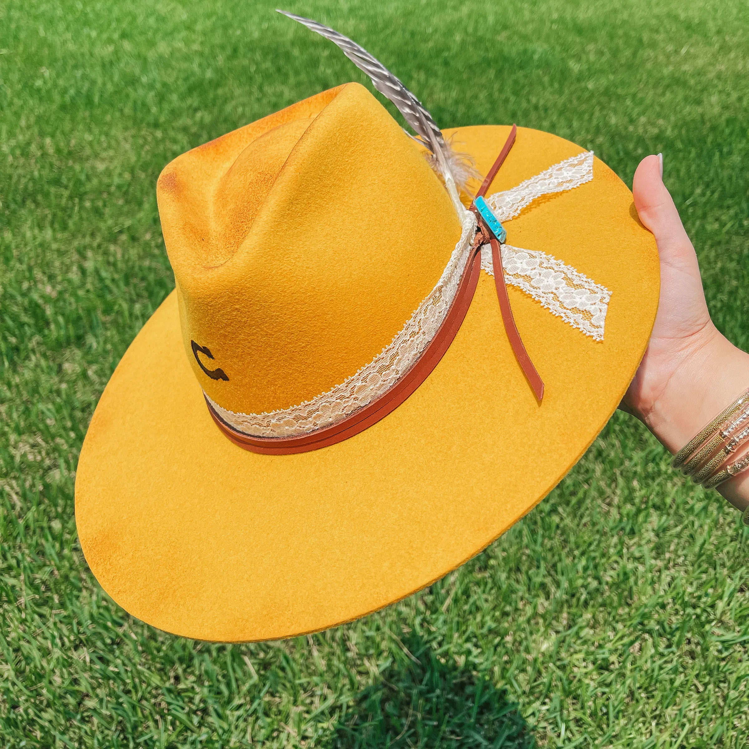 Charlie 1 Horse | Smoke Show Wool Felt Hat with Lace and Leather Band and Turquoise Slab