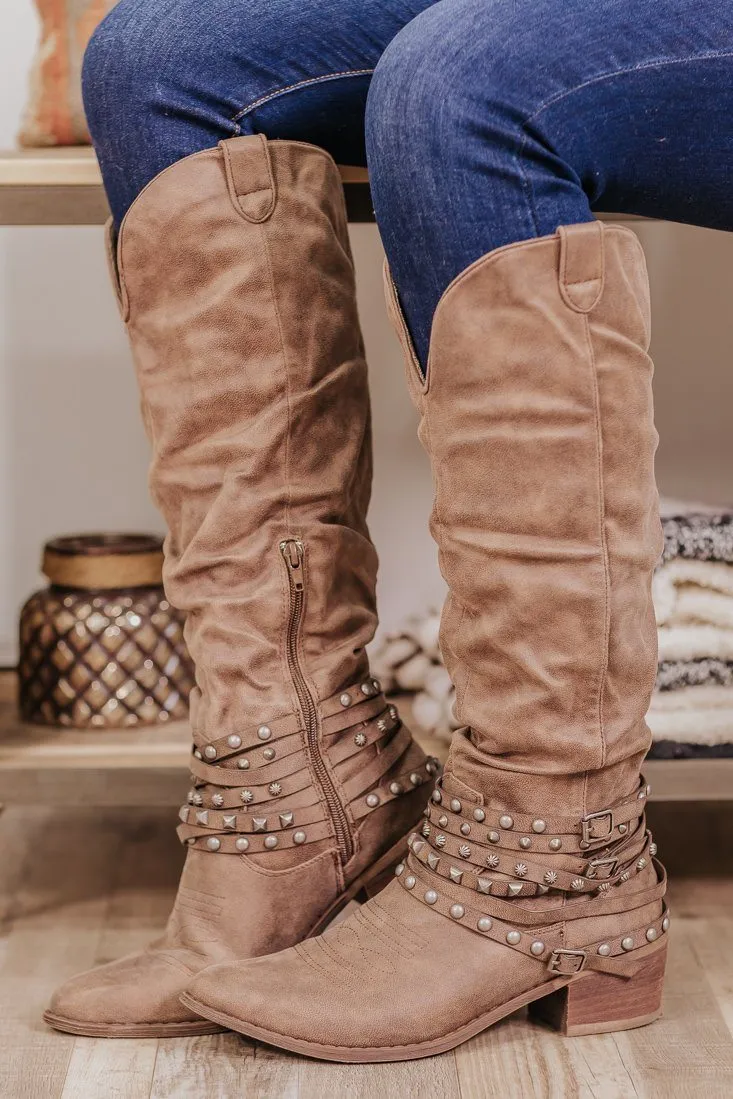 Dixie Slouchy Embellished Boots in Taupe