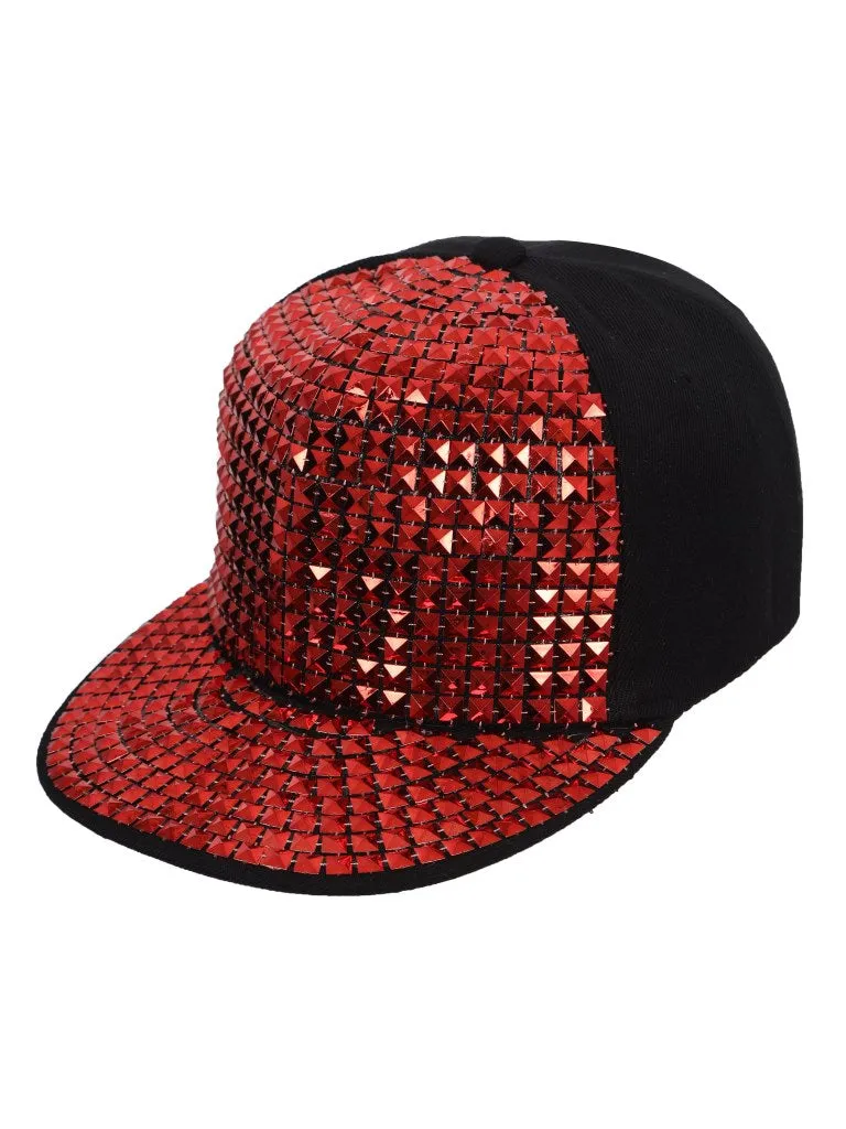 FabSeasons Studs Bling Flat Hip Hop Cap (Red)