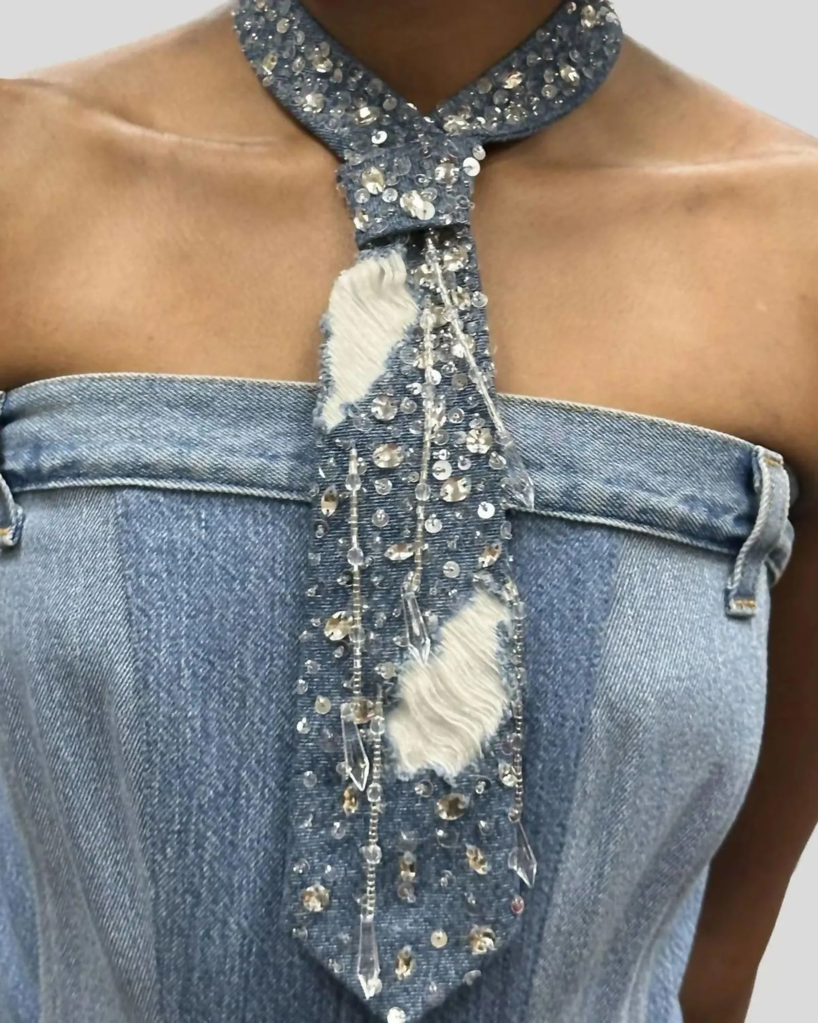 Frayed Crystal Tie In Denim | Denim