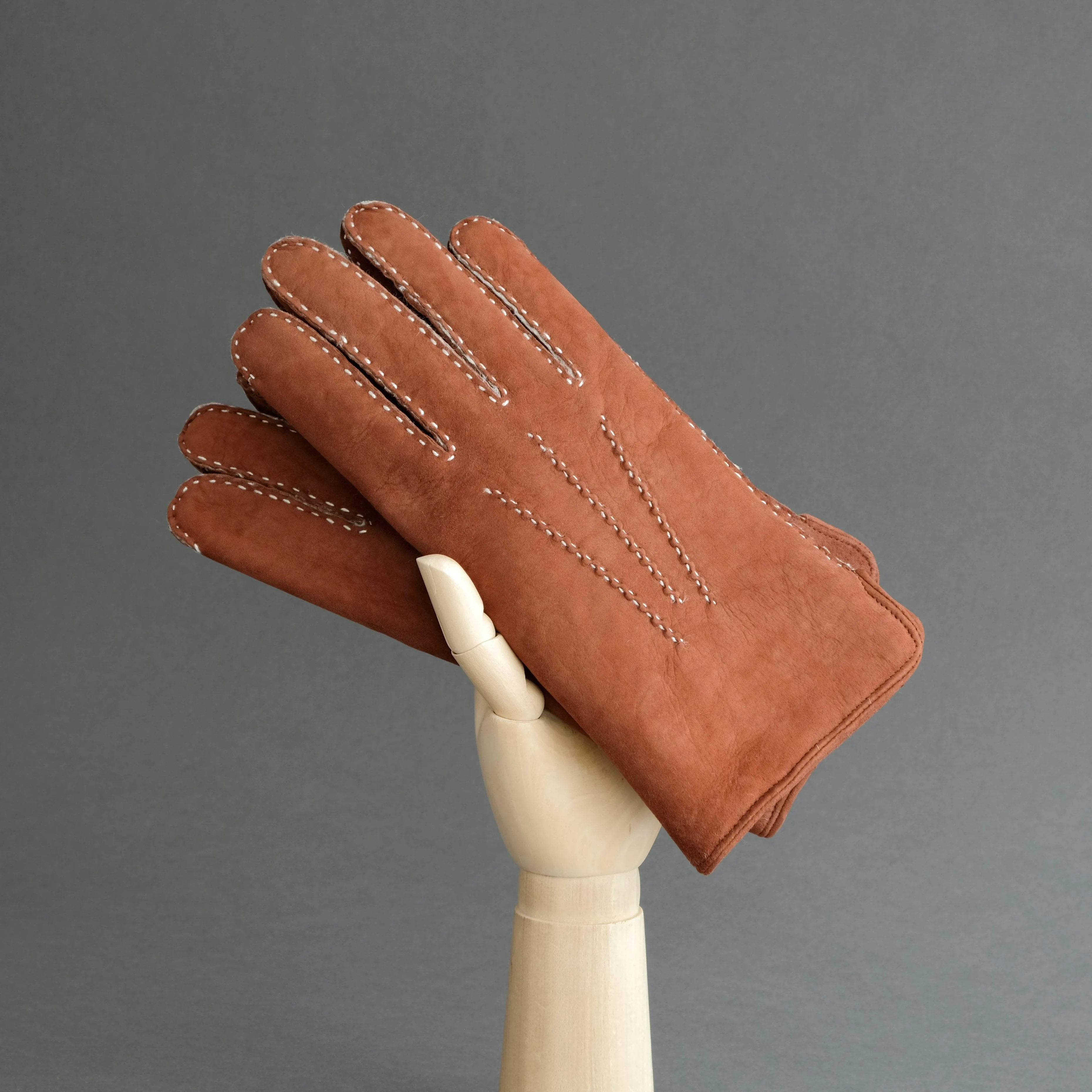 Gentlemen's Hand Sewn Gloves From Rust Curly Lambskin