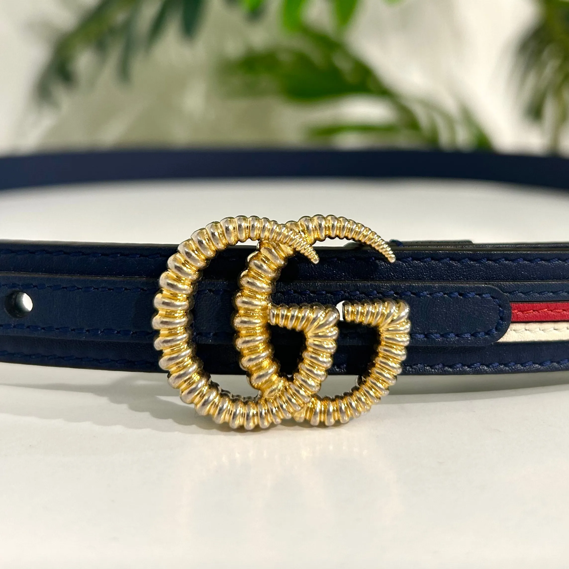 Gucci Torchon Sylvie Navy & Red Stripe Thin Belt