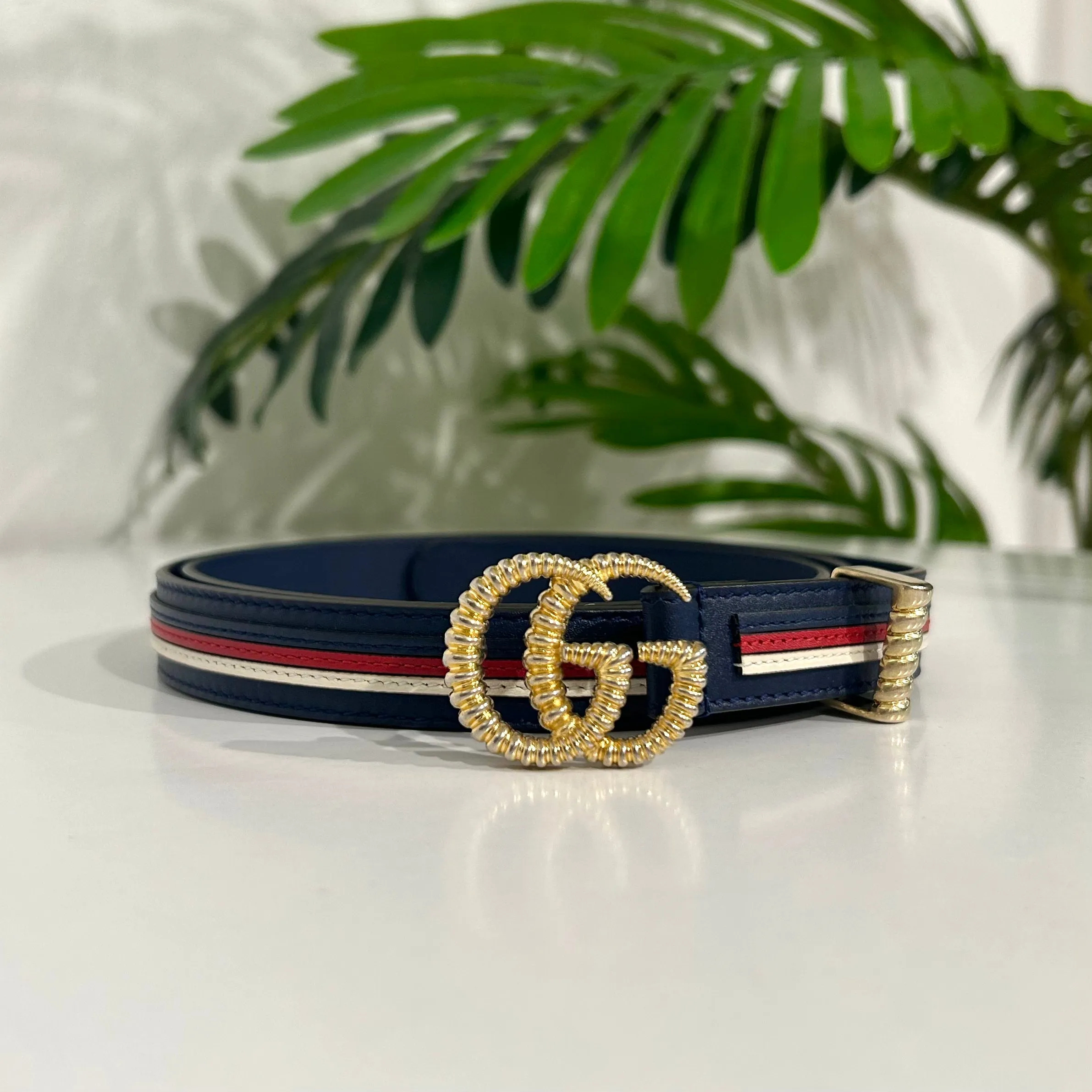 Gucci Torchon Sylvie Navy & Red Stripe Thin Belt