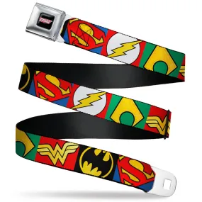 JUSTICE LEAGUE Shield Full Color Black/White/Red Seatbelt Belt - Justice League 5-Superhero Textured Logo CLOSE-UP Blocks Webbing