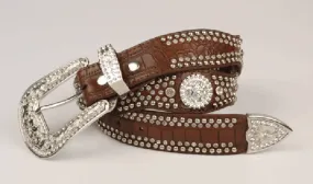 Ladies Brown Embellished Croc Print Leather Belt w/ Rhinestones