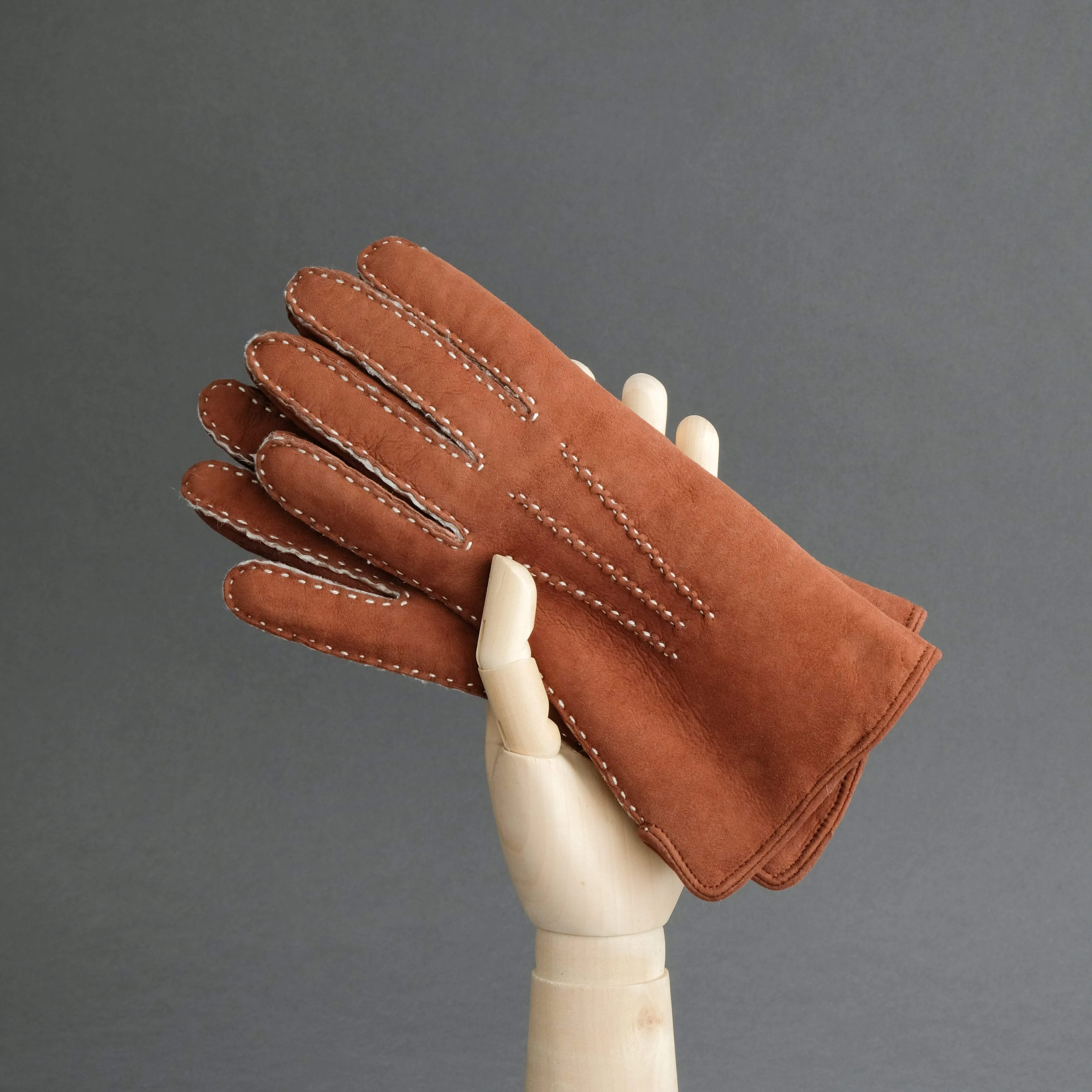 Ladies Hand Sewn Gloves From Rust Curly Lambskin