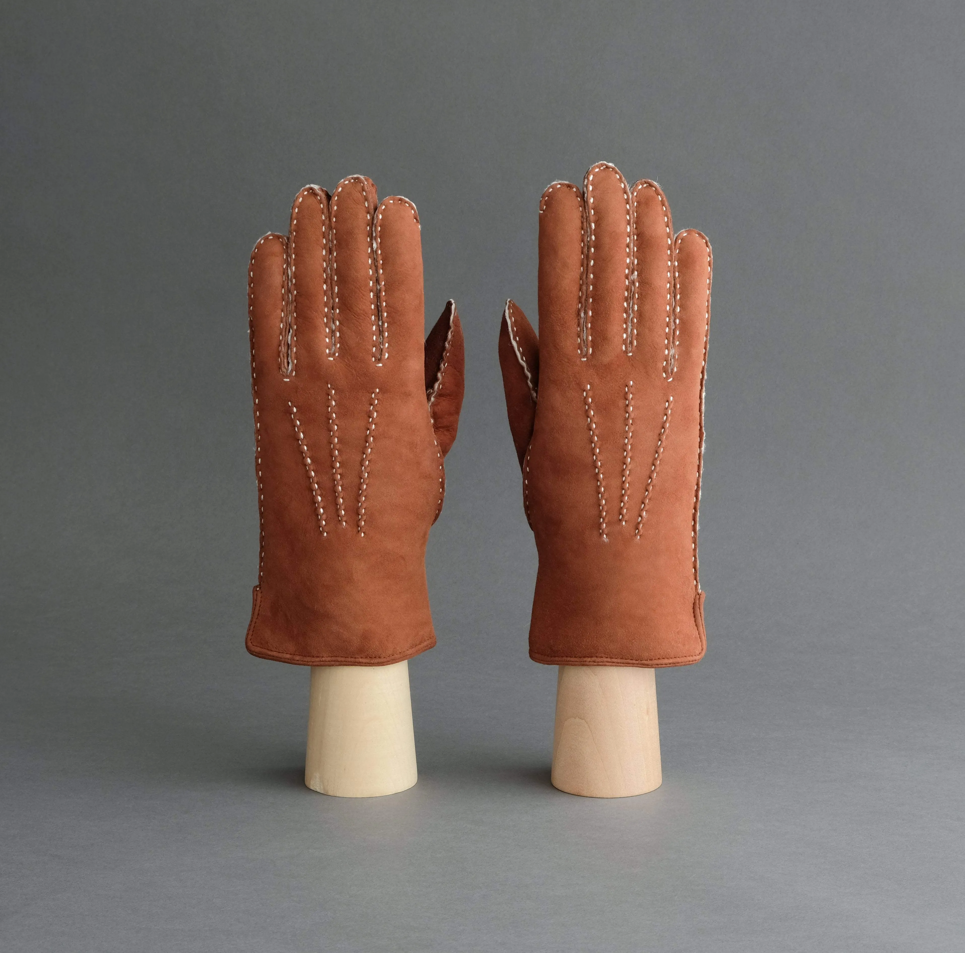 Ladies Hand Sewn Gloves From Rust Curly Lambskin