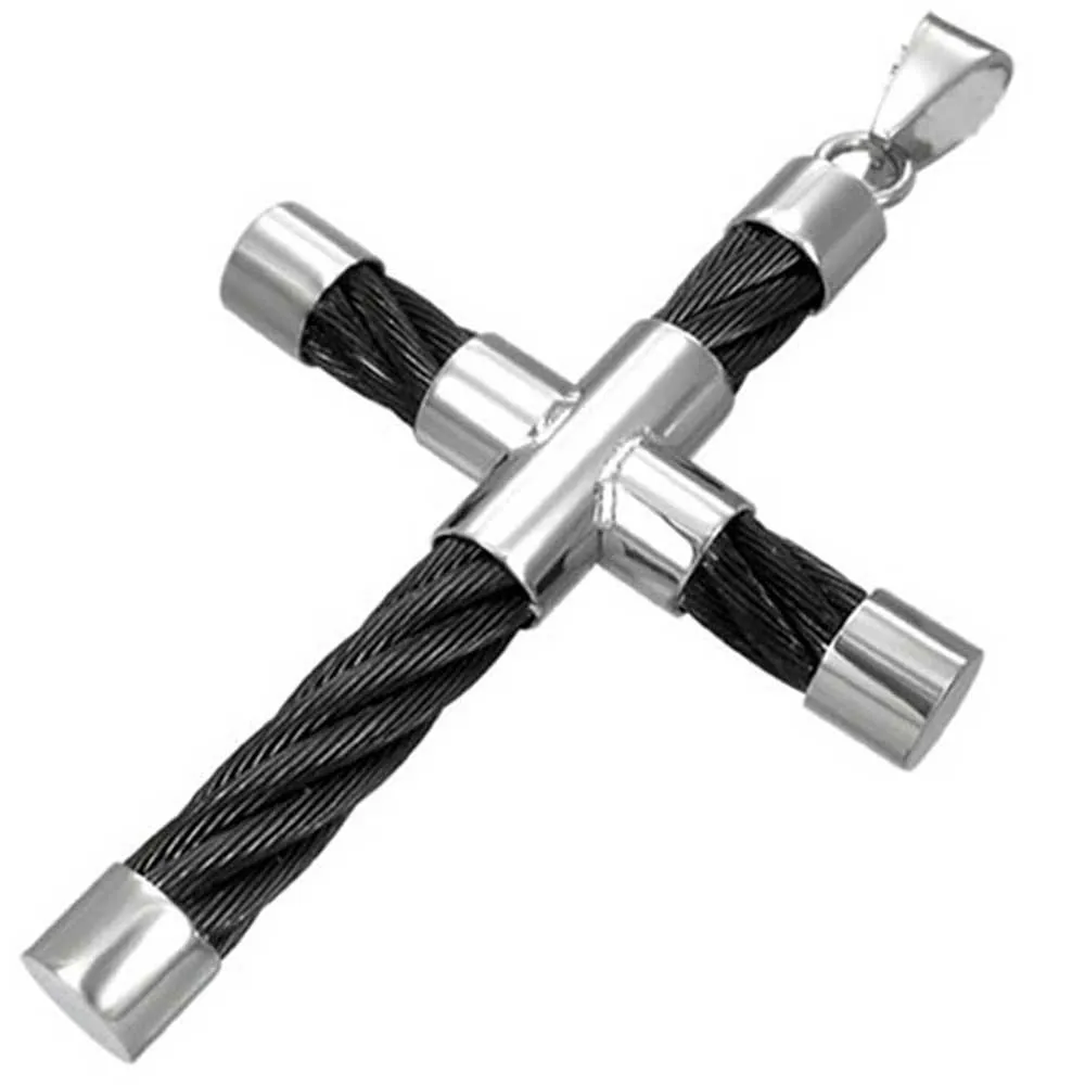 Men's Two-Tone Black Cable Cross Pendant Necklace Silver Stainless Steel