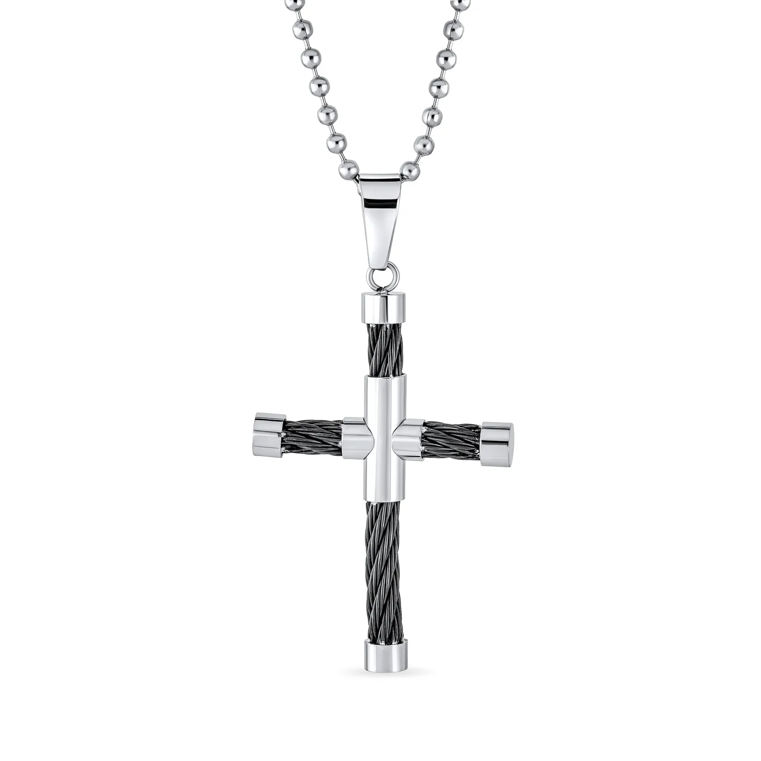 Men's Two-Tone Black Cable Cross Pendant Necklace Silver Stainless Steel