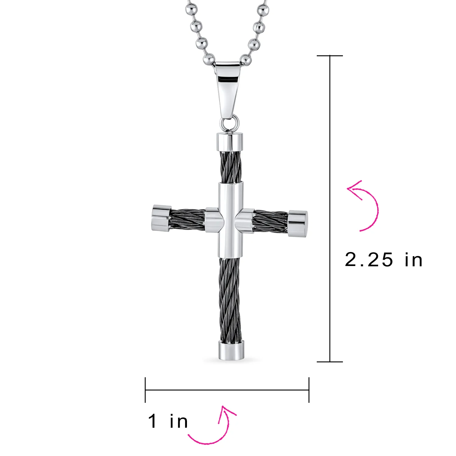 Men's Two-Tone Black Cable Cross Pendant Necklace Silver Stainless Steel