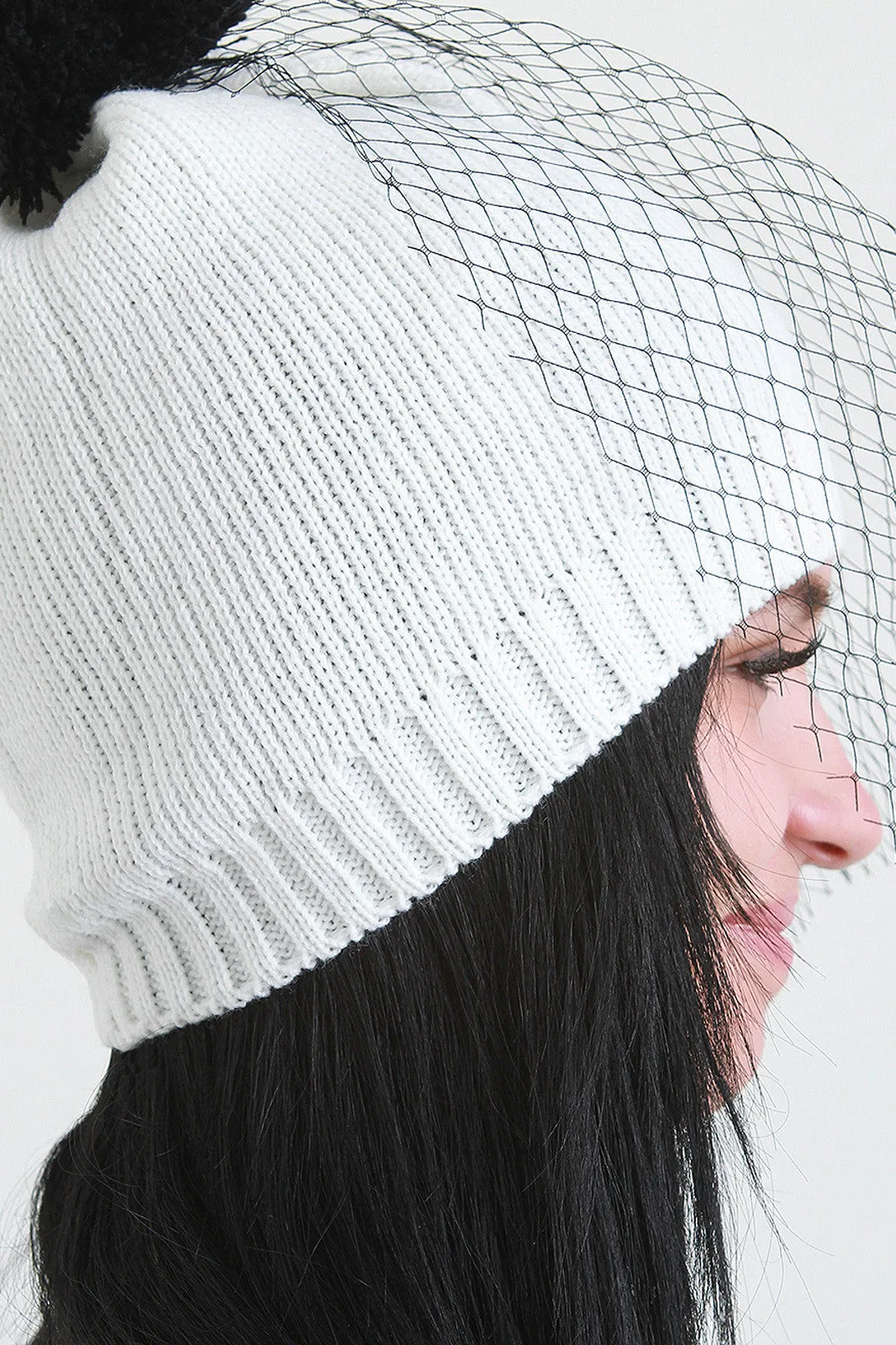 Mesh Veil Pom Pom Knit Beanie