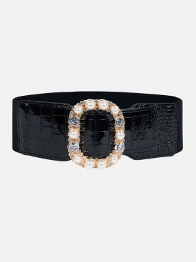 Pearl Embellished Croco Broad Belt