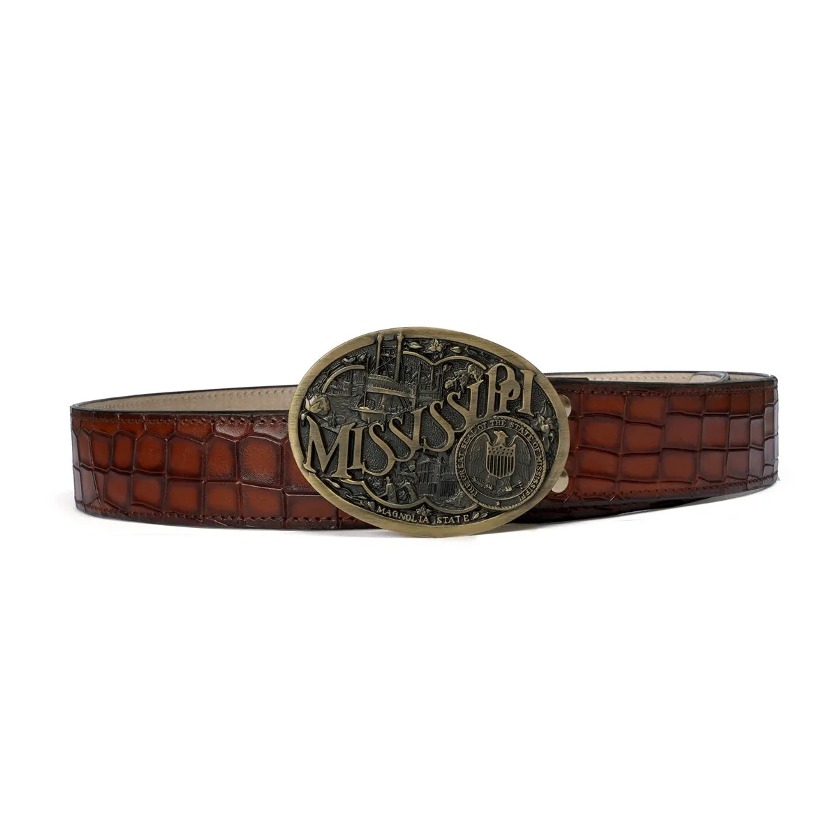 Rich Mississippi Culture Inspired Buckle Smokey Cognac Deep Cut Croco Textured Leather Belt By Brune & Bareskin