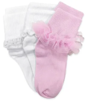 Ruffle/Ripple/Lace Turn Cuff Socks Pink/White 3 Pair Pack