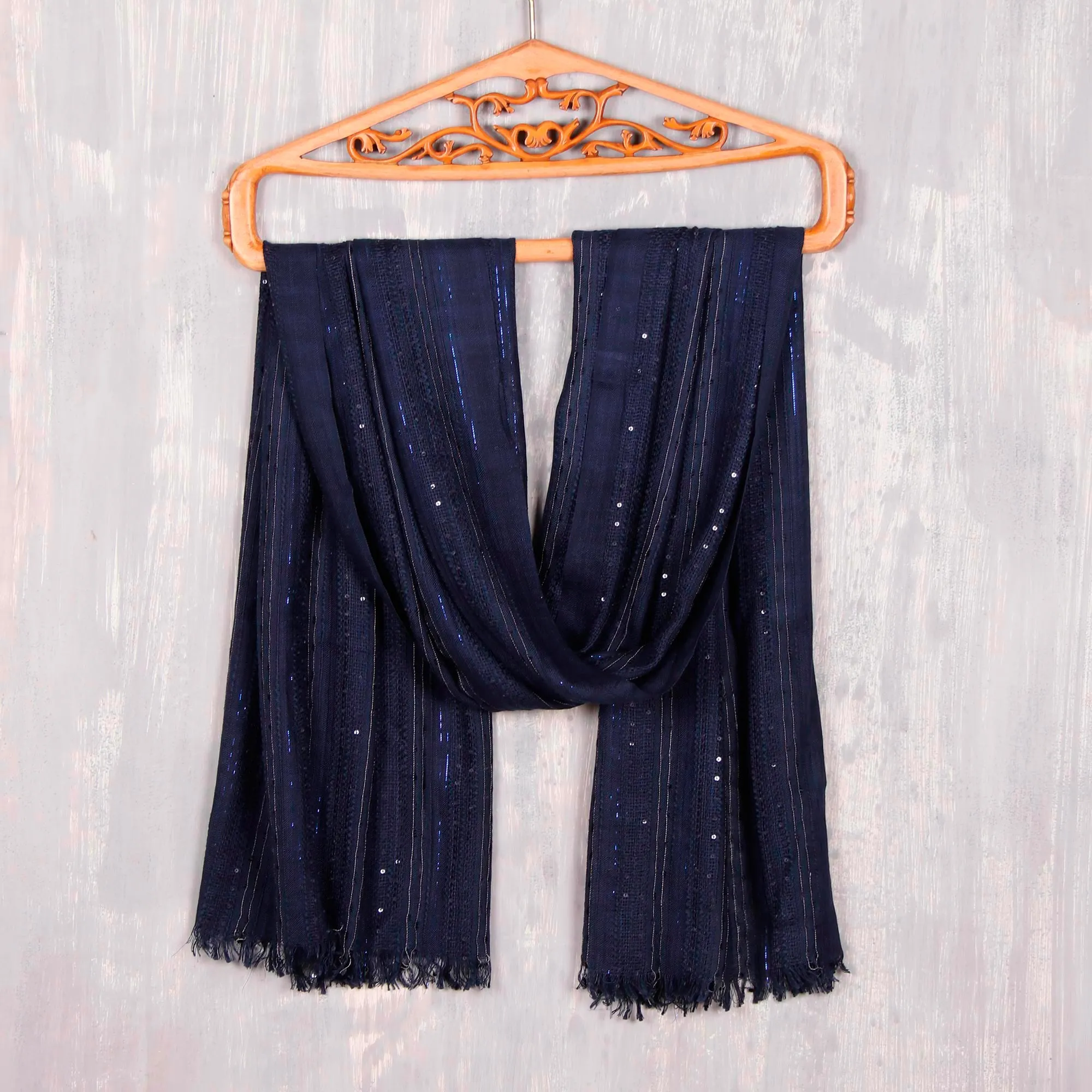 Sapphire Shimmer Embellished Viscose Blend Shawl in Indigo from India