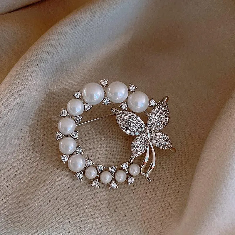 Studded Butterfly Pearl Brooch