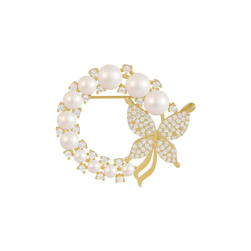 Studded Butterfly Pearl Brooch