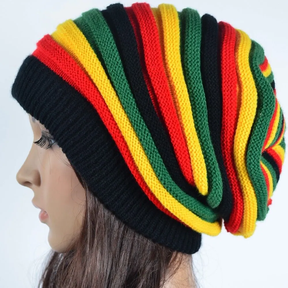 Trendy Jamaican Rasta Reggae Striped Beanie Hat