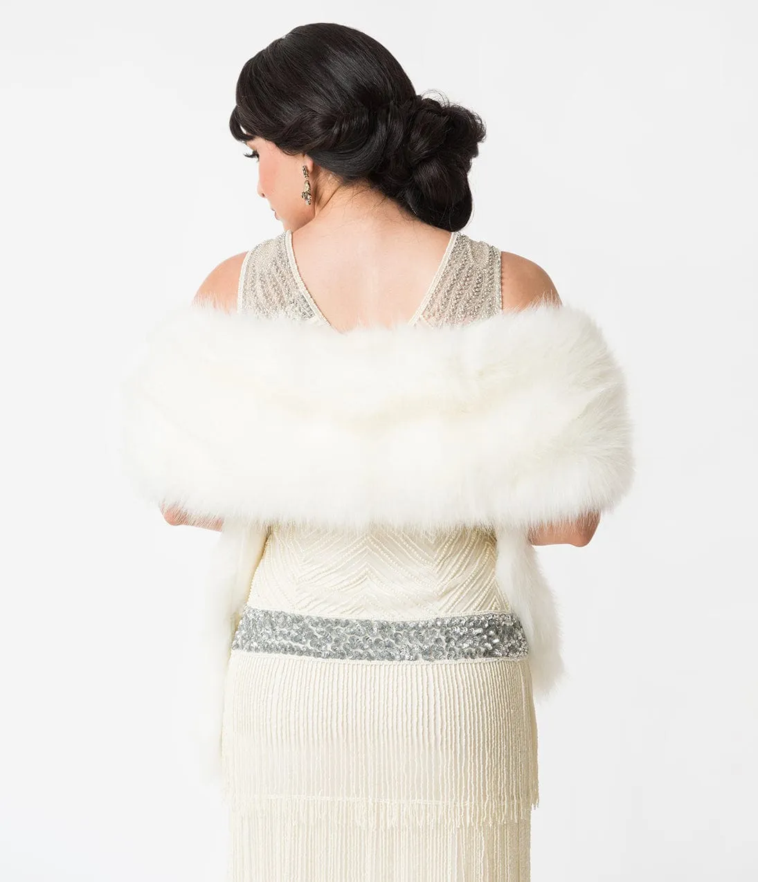 Unique Vintage White Ivory Faux Fur Stole