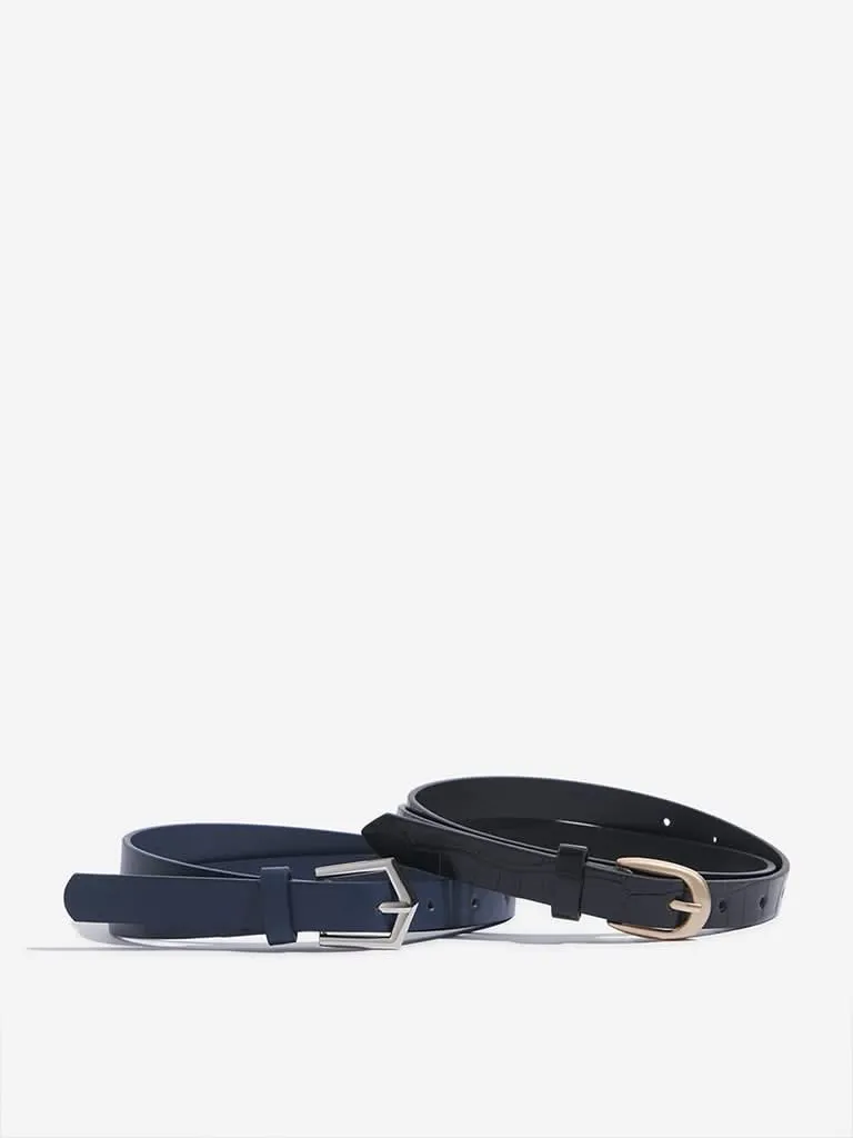 Westside Accessories Navy Crocodile Textured Belts Pack Of 2