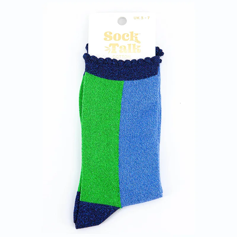 Women's Cotton Glitter Socks Colour Block Blue & Green