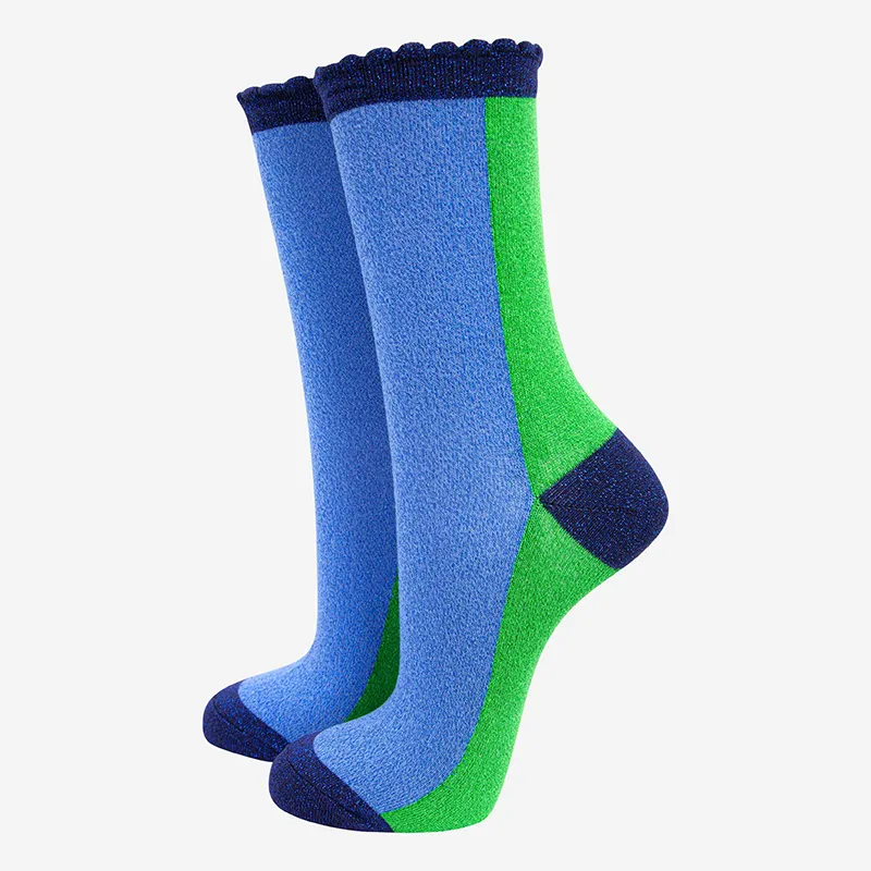 Women's Cotton Glitter Socks Colour Block Blue & Green