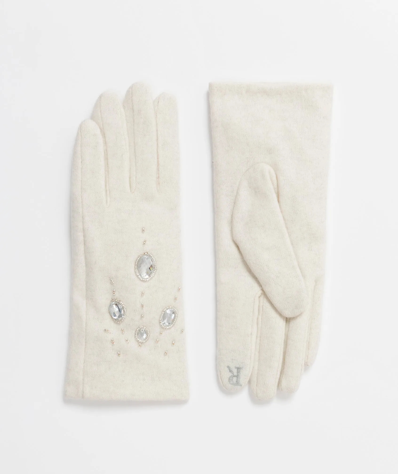 Womens Cream Touchscreeen Fabric Gloves with Gems