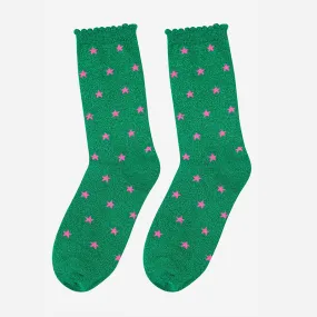 Womens Star Print Cotton Glitter Socks in Green