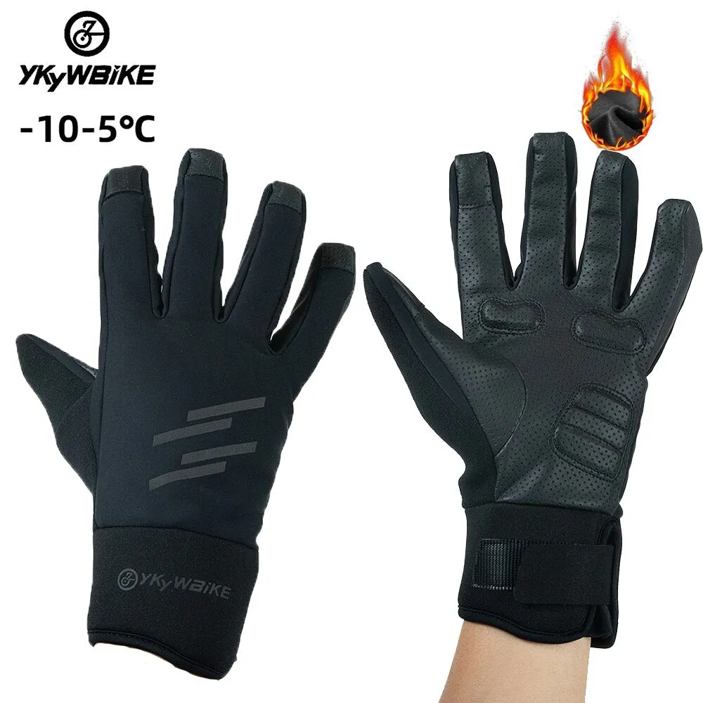 YKYW Thermal Fleece Full Finger Gloves Winter -10-5°C Cotton Waterproof Windproof 3M Reflective Logo XRD Technology Shockproof Black