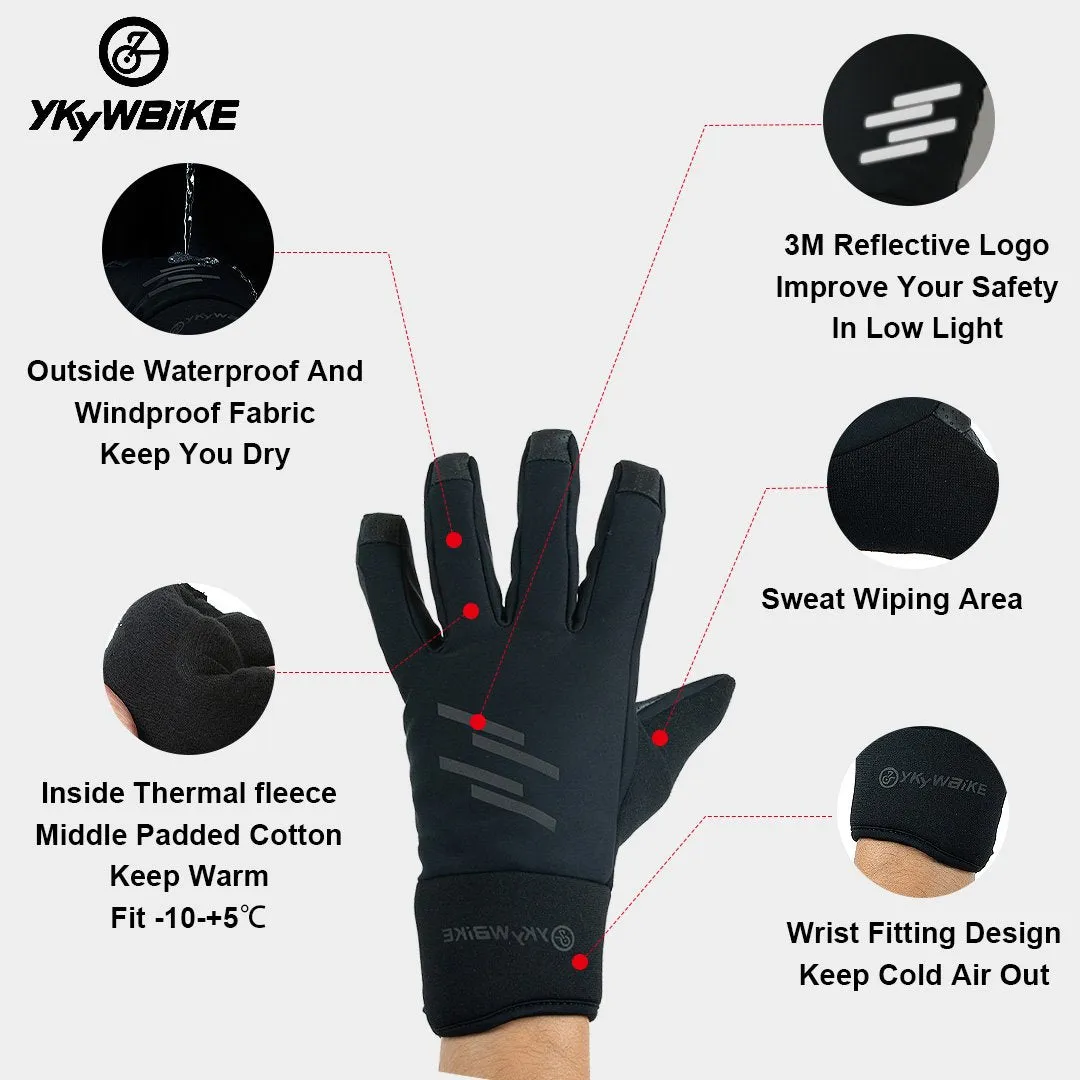 YKYW Thermal Fleece Full Finger Gloves Winter -10-5°C Cotton Waterproof Windproof 3M Reflective Logo XRD Technology Shockproof Black